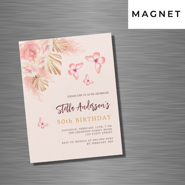 Invitación Magnética Mariposa pampas pasto rosa rosa lujo cumpleaños (Subido por el creador)