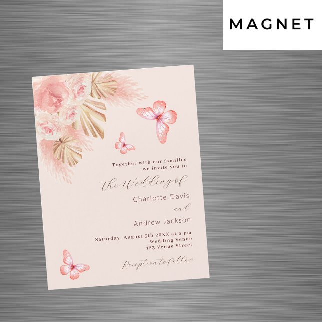 Invitación Magnética Mariposa pampas rosa boda de lujo de oro (Subido por el creador)