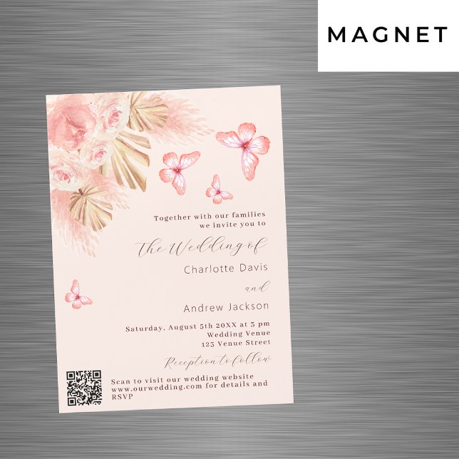 Invitación Magnética Mariposa pampas rosa de pasto QR RSVP boda de lujo (Subido por el creador)