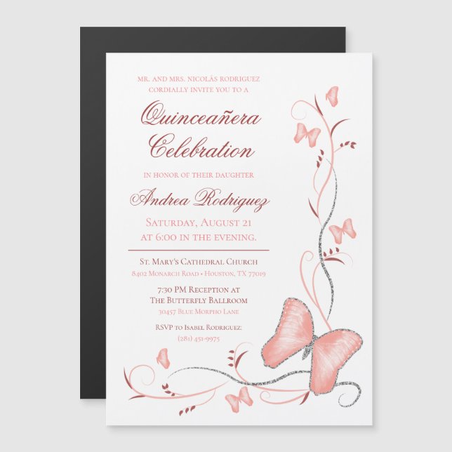 Invitación Magnética Mariposa rosa y Swirls Quinceañera (Anverso/Reverso)