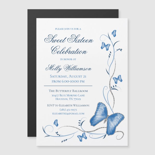 Invitación Magnética Mariposas azules y dulces Swirls 16 (Anverso/Reverso)