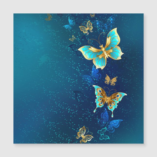 Invitación Magnética Mariposas doradas sobre fondo azul (Anverso)