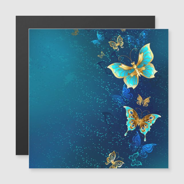 Invitación Magnética Mariposas doradas sobre fondo azul (Anverso/Reverso)