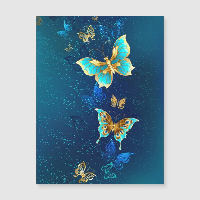 Invitación Magnética Mariposas doradas sobre fondo azul (Anverso)
