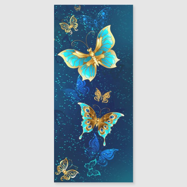 Invitación Magnética Mariposas doradas sobre fondo azul (Anverso)