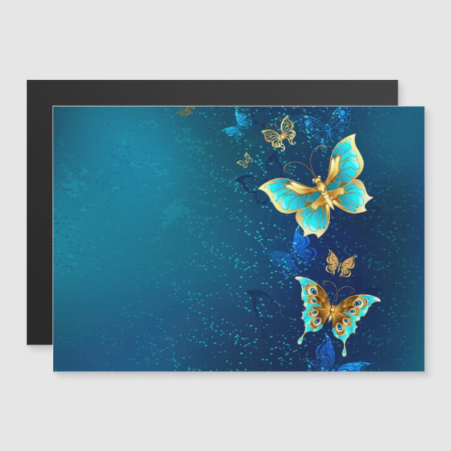 Invitación Magnética Mariposas doradas sobre fondo azul (Anverso/Reverso)