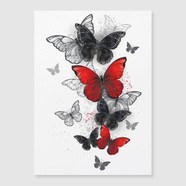 Invitación Magnética Mariposas Morpho voladoras negras y rojas (Anverso)