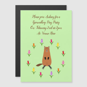 Invitación Magnética Marmota Adorable y Flores de Tulipán Personalizada