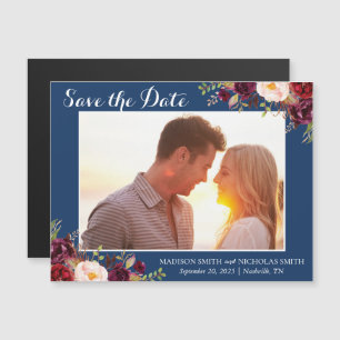 Invitación Magnética Marsala & Navy Floral Photo Save The Date Magnet