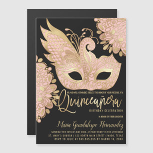 Invitación Magnética Máscara de mascarada negra de oro rosado Quinceañe