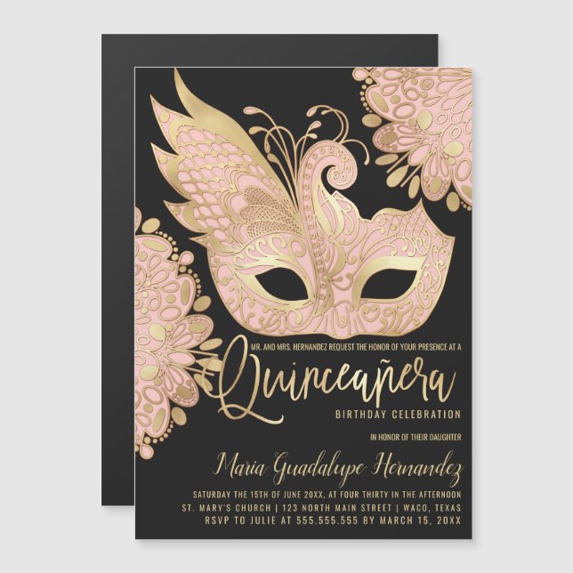 Invitación Magnética Máscara de mascarada negra de oro rosado Quinceañe (Anverso/Reverso)