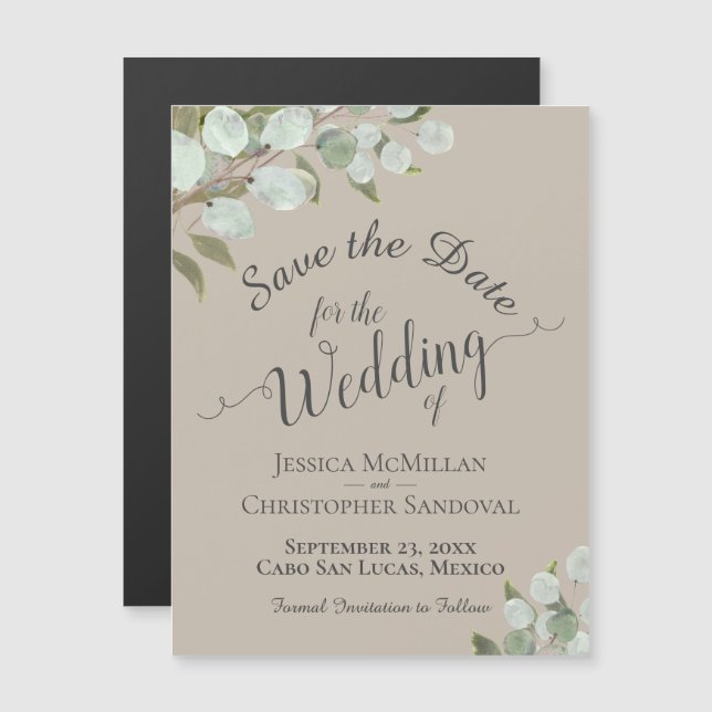 Invitación Magnética Matrimonio de Eucalyptus Salven la cita caligrafía (Anverso/Reverso)