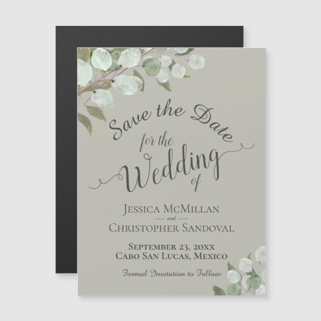 Invitación Magnética Matrimonio de Eucalyptus Salven la fecha caligrafí (Anverso/Reverso)