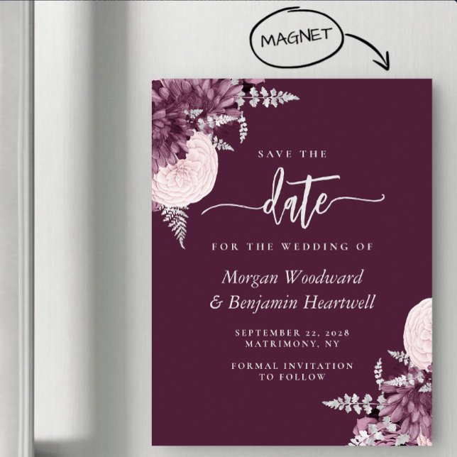 Invitación Magnética Mauve Silver Floral Wedding Save the Date (Subido por el creador)