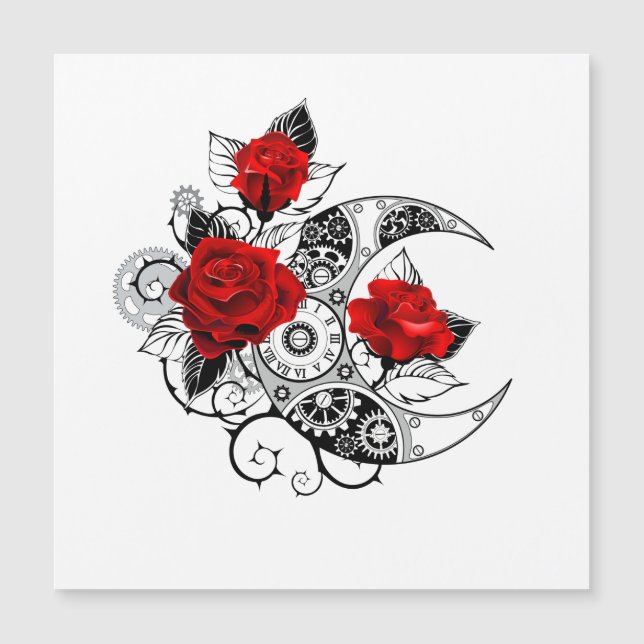 Invitación Magnética Media luna mecánica con rosas rojas (Anverso)