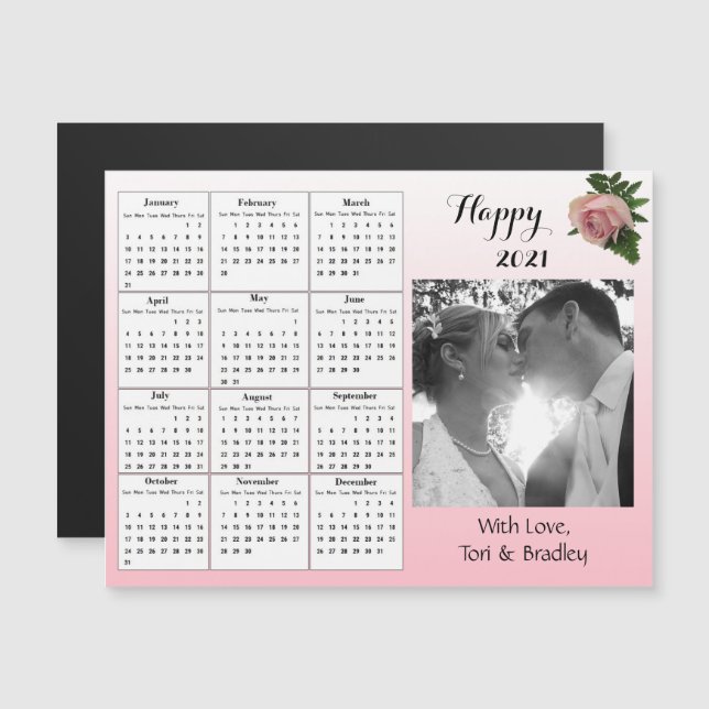 Invitación Magnética Mini calendario de bodas con rosas rosadas 2021 (Anverso/Reverso)