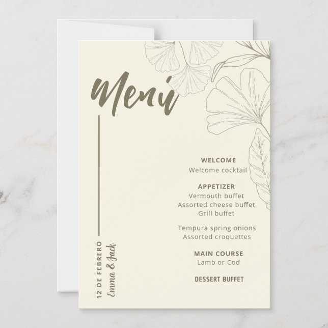 Invitación Magnética Minimalist Botanical Wedding Menu Card (Anverso)
