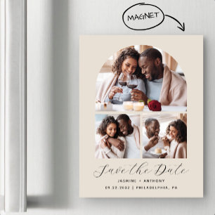 Invitación Magnética Minimalista 3-Foto Arco Beige Salvar la Fecha