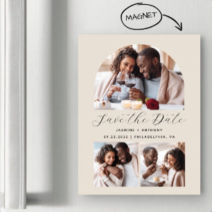 Invitación Magnética Minimalista Arco Beige de 3 Fotos