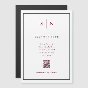Invitación Magnética Minimalista Chic Burgundy Blanco Código QR Save th