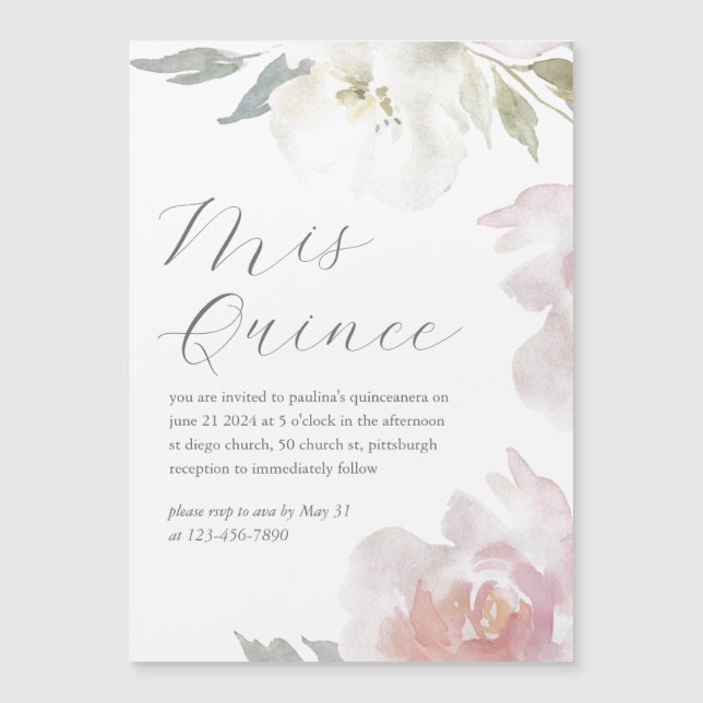 Invitación Magnética Mis Quince Floral 15 años cumpleaños Quinceañera (Anverso)