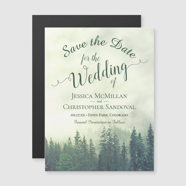 Invitación Magnética Misty Green Mountain Pines Wedding Salva la fecha (Anverso/Reverso)