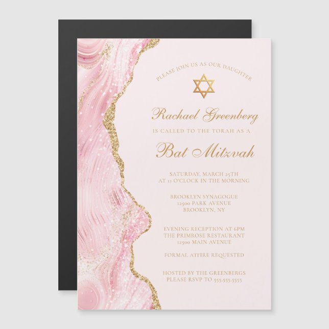 Invitación Magnética Moda Agate de Oro Rosado Bat Mitzvah Fiesta Person (Anverso/Reverso)
