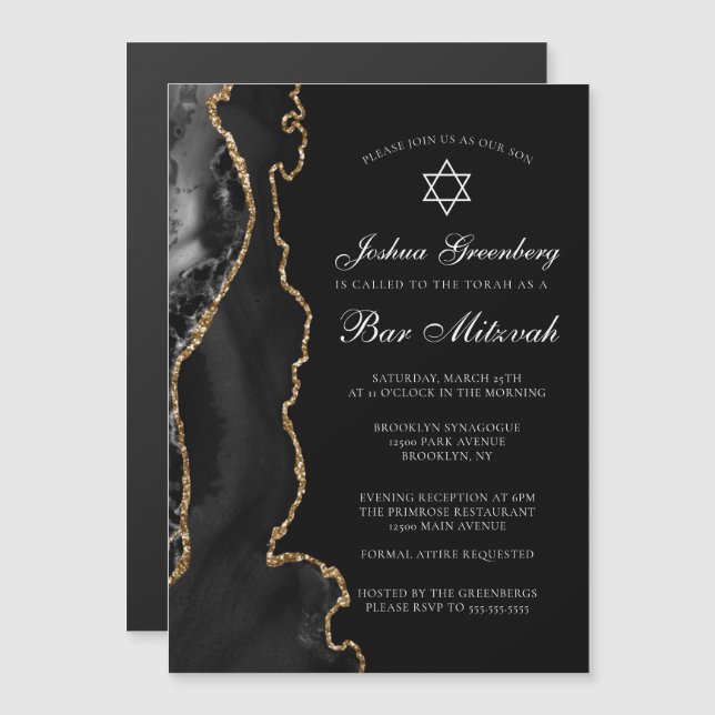 Invitación Magnética Moda Black Gold Agate Bar Mitzvah Fiesta (Anverso/Reverso)