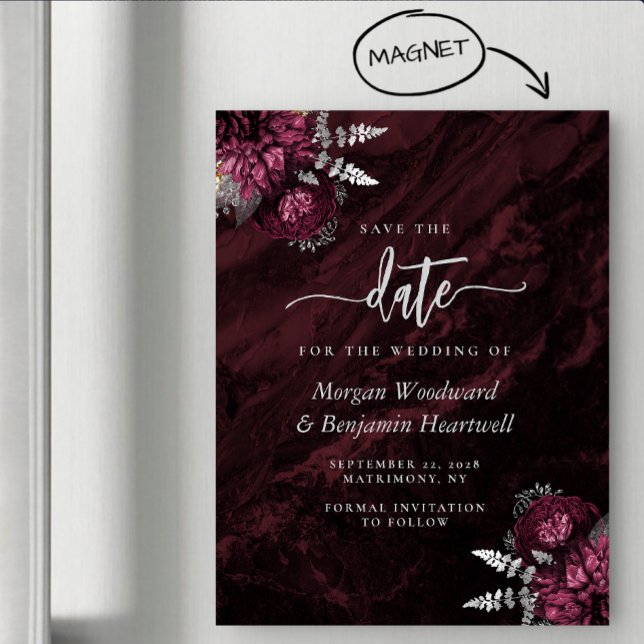 Invitación Magnética Moda Boda floral de borgoña salva la fecha (Subido por el creador)