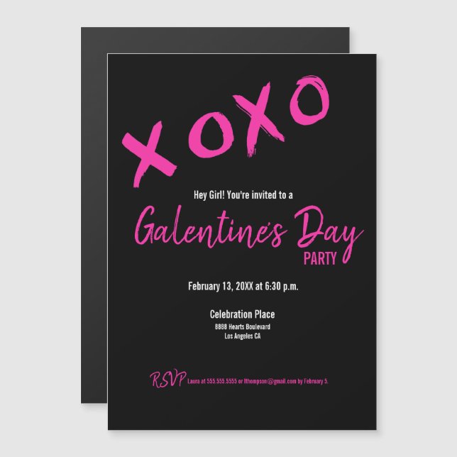 Invitación Magnética Moda Negro y rosa Galentine Fiesta XOXO Elegante (Anverso/Reverso)