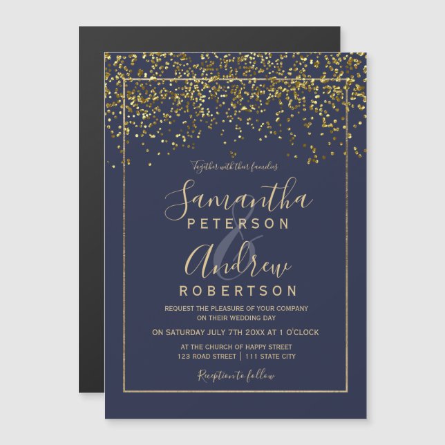 Invitación Magnética Moda oro confetti azul marino tipografía boda (Anverso/Reverso)