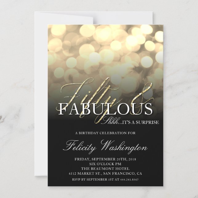Invitación Magnética Moda Purpurina Oro Cincuenta y Fabuloso Fiesta Sor (Anverso)