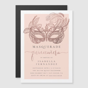 Invitación Magnética Moda Rosa Oro y Rubor Masquerade Quinceañera