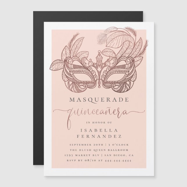 Invitación Magnética Moda Rosa Oro y Rubor Masquerade Quinceañera (Anverso/Reverso)