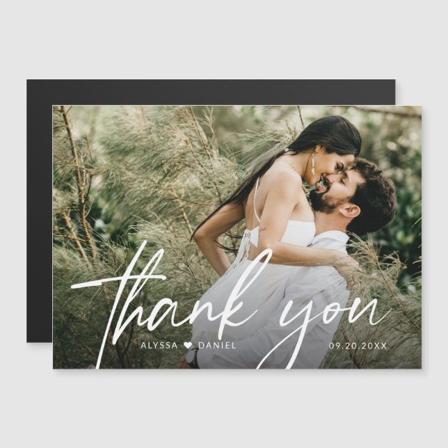 Invitación Magnética Moda simple Boda de escritura moderna Foto gracias (Anverso/Reverso)