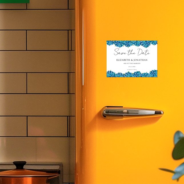 Invitación Magnética Modern Blue Hydrangeas Navy Blue Striped Wedding (Subido por el creador)