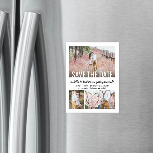 Invitación Magnética Modern Typography Four Photo Wedding Save the Date (Subido por el creador)