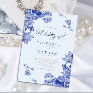Invitación Magnética Moderna Boda floral retro azul Chinoiserie