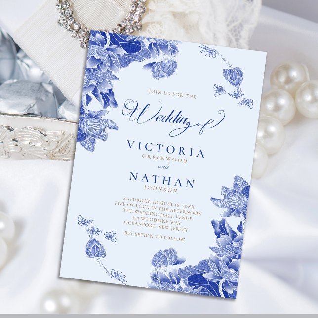 Invitación Magnética Moderna Boda floral retro azul Chinoiserie (Subido por el creador)