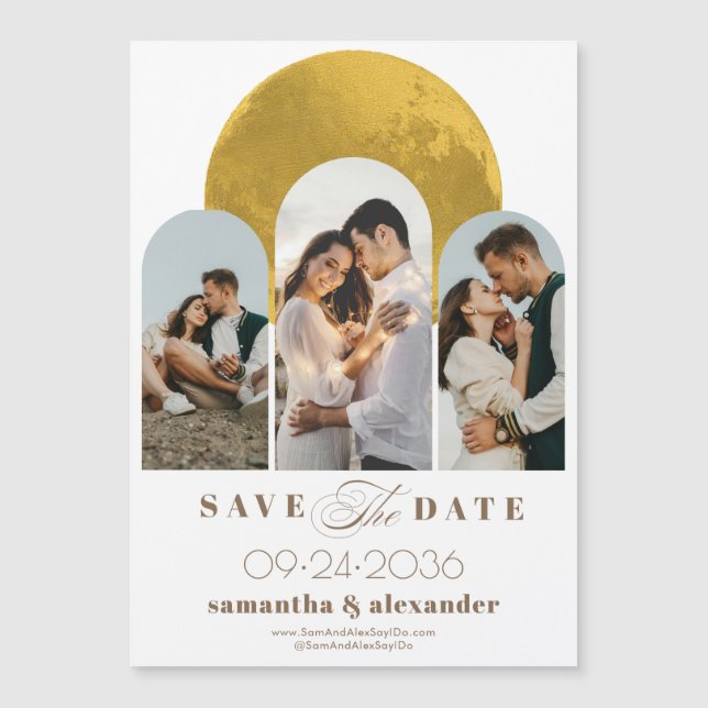 Invitación Magnética Moderno Arco Celestial Luna 3 Foto Guardar La Fech (Anverso)