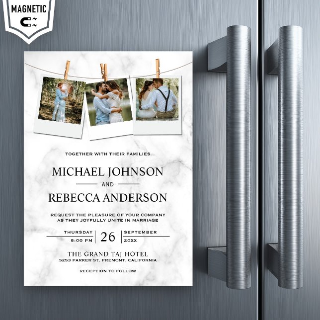 Invitación Magnética Moderno Boda elegante de Collage de fotos de mármo (Subido por el creador)