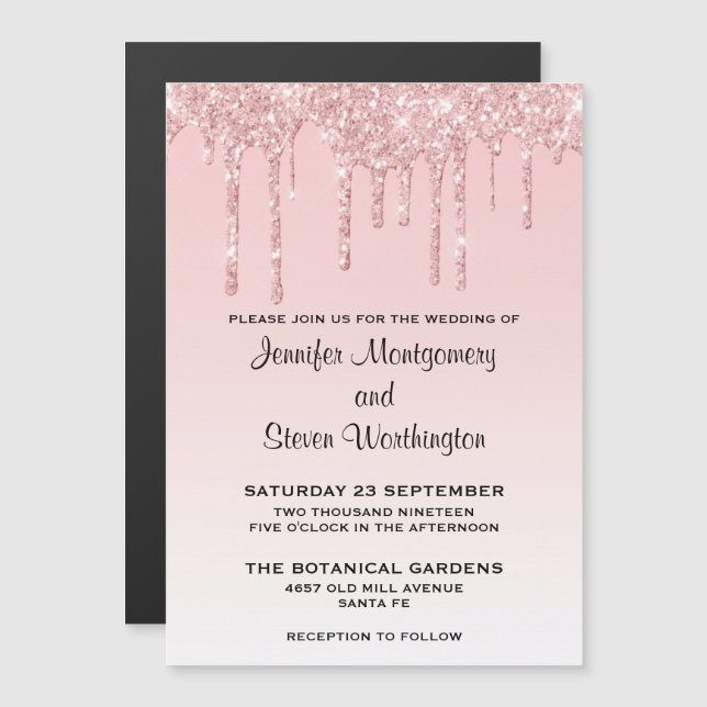 Invitación Magnética Moderno Boda Purpurina Rosa Faux (Anverso/Reverso)