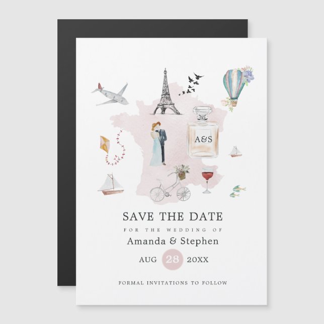 Invitación Magnética Monograma de la boda de destino de París Guardar l (Anverso/Reverso)