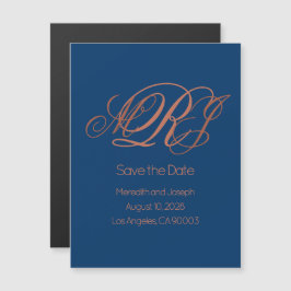 Invitación Magnética Monograma elegante de cobre azul de la marina salv