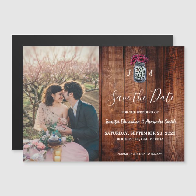 Invitación Magnética Monograma rústico de madera mason foto Guardar fec (Anverso/Reverso)