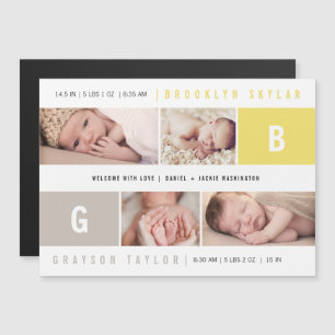 Invitación Magnética Monogramas para Bebés Gemelos 4 Anuncio de Nacimie