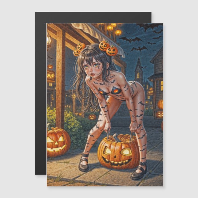 Invitación Magnética Monstruo de Halloween Jack-o-Lantern y Chica de Ba (Anverso/Reverso)