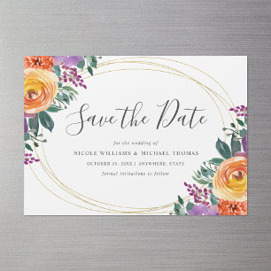 Invitación Magnética Morado Naranja acuarela Floral Guardar fecha