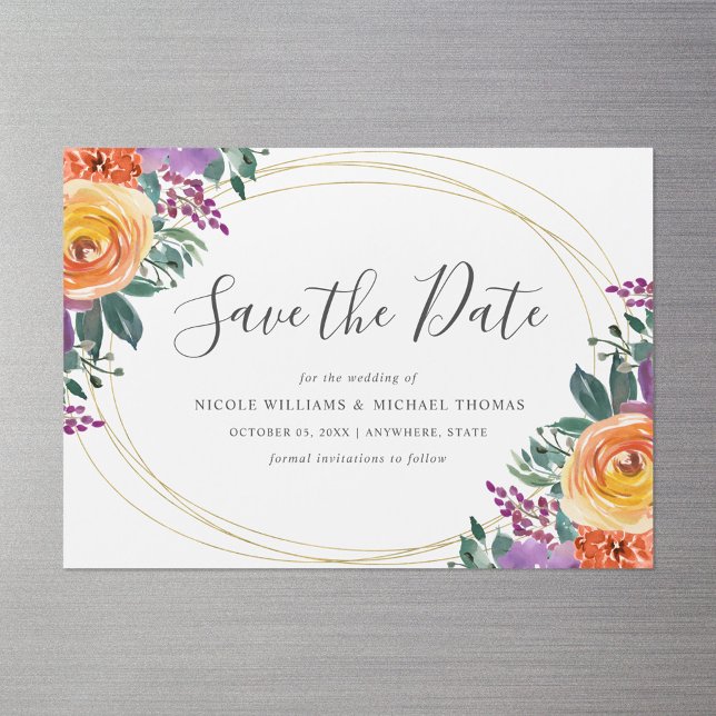 Invitación Magnética Morado Naranja acuarela Floral Guardar fecha (Subido por el creador)