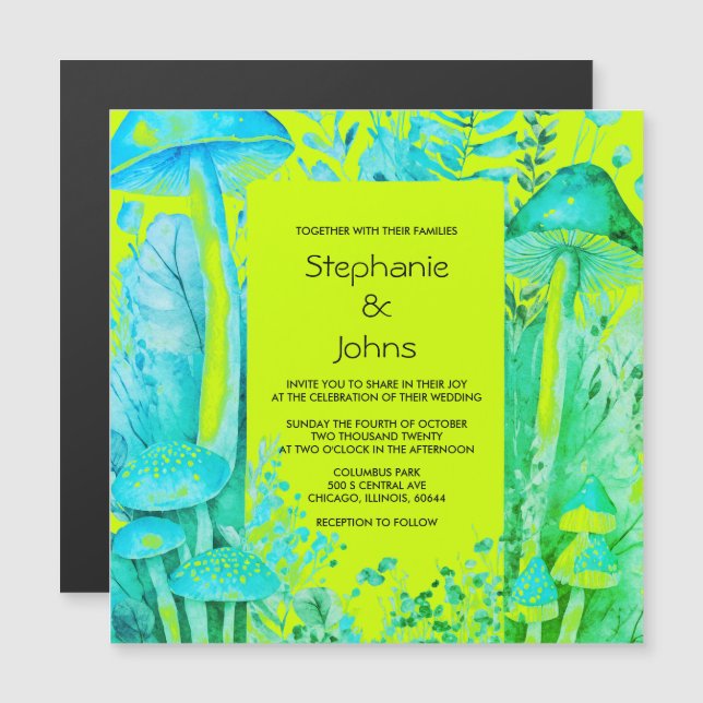 Invitación Magnética Mushrooms Woodland Lime Green Boda azul Verde azul (Anverso/Reverso)